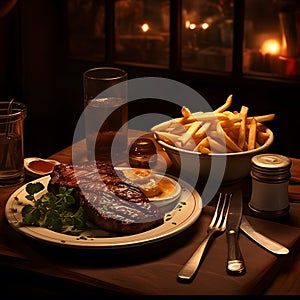 American steak, chips, and gravy but also conveys the ambiance of a cozy bar setting