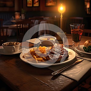 American steak, chips, and gravy but also conveys the ambiance of a cozy bar setting