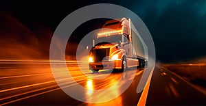 American style truck on the freeway, highway pulling cargo. Transport concept - AI generated image