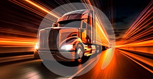 American style truck on the freeway, highway pulling cargo. Transport concept - AI generated image