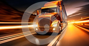 American style truck on the freeway, highway pulling cargo. Transport concept - AI generated image