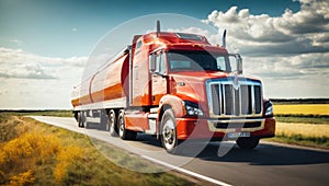 American style truck on freeway pulling load