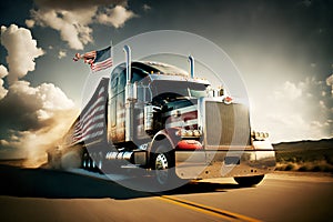 American style truck on freeway pulling load. Generative AI illustration.