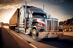 American style truck on freeway pulling load. Generative AI illustration.