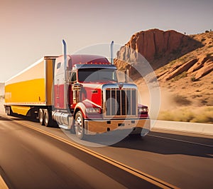 American style truck on freeway pulling load. Transportation