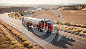 American style truck on freeway pulling load. Transportation