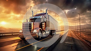 American style truck on freeway pulling load. Transportation theme. Road cars theme