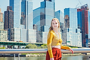 American teenage girl traveling in New York in spring