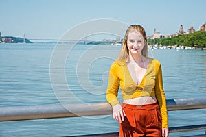 American teenage girl traveling in New York in spring