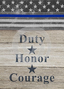 American thin blue line flag duty honor courage text