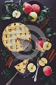 American tradition apple pie with apples, blueberry and cinnamon decorated apple leaves