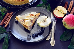 American tradition apple pie with apples, blueberry and cinnamon decorated apple leaves on dark wooden background.