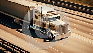 American truck pulling load on a freeway. Aerial drone shot. Generative ai illustration