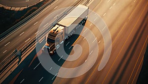 American truck pulling load on a freeway. Aerial drone shot. Generative ai illustration