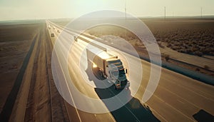 American truck pulling load on a freeway. Aerial drone shot. Generative ai illustration