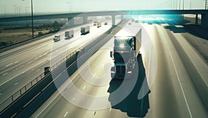 American truck pulling load on a freeway. Aerial drone shot. Generative ai illustration