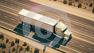 American truck pulling load on a freeway. Aerial drone shot. Generative ai illustration