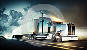 American truck pulling load on a freeway. Generative ai illustration