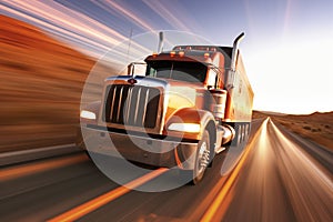 American truck speeding on freeway. Blurred motion
