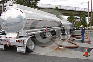 American truck-tanker merges gasoline at a gas station