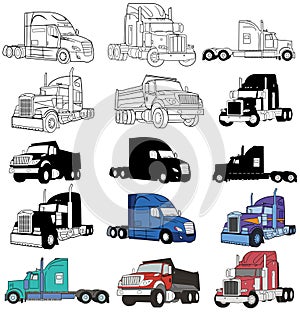American Truck Trailer black and white illustration isolated on white
