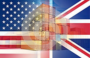 The American and UK flags imposed over containers representing trade between the two countries