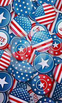 American United States flag in glossy round button of icon USA presidential election concept vertical