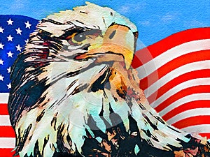 An American USA bald eagle and a USA flag are seen together