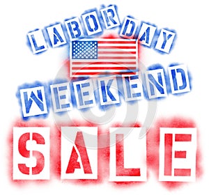 American USA flag and Labor Day Weekend Sale text in red, white, and blue spray paint stencils on white