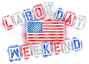 American USA flag and Labor Day Weekend text in red, white, and blue spray paint stencils on white