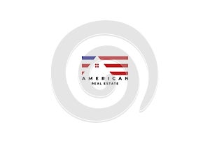 American USA US Flag with House for Real Estate Logo Design Vector