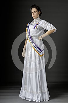 American Victorian or Edwardian Suffragette with historically accurate sash and rosette photo