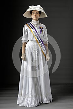 American Victorian or Edwardian Suffragette with historically accurate sash and rosette photo