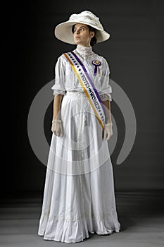 American Victorian or Edwardian Suffragette with historically accurate sash and rosette photo