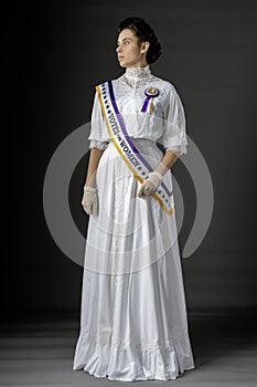 American Victorian or Edwardian Suffragette with historically accurate sash and rosette photo