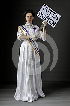 American Victorian or Edwardian Suffragette with historically accurate sash and rosette photo