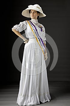 American Victorian or Edwardian Suffragette with historically accurate sash and rosette photo