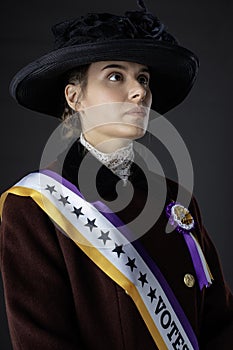 American Victorian or Edwardian Suffragette with historically accurate sash and rosette photo