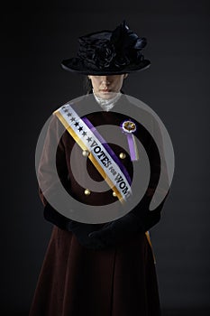 American Victorian or Edwardian Suffragette with historically accurate sash and rosette photo