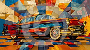 American vintage 1950s classic car in an abstract Cubist style painting