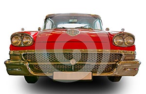 American Vintage car 1958 Ford Fairlane 500. White background. Front view