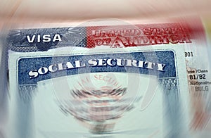 The American visa in a passport page USA background and sacial security nember personal document. SSN â€“ social security number f