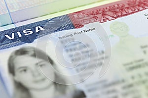 The American Visa in a passport page (USA) background photo