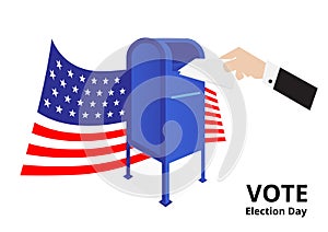 American vote by mail drop ballot to official ballots box vector for election day with flag on white background