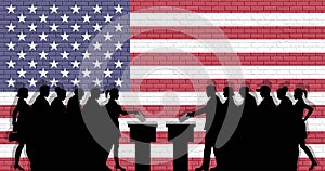 American voters crowd silhouette in election with USA flag graffiti in front of brick wall