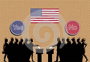 American voters crowd silhouette in USA election with yes and no