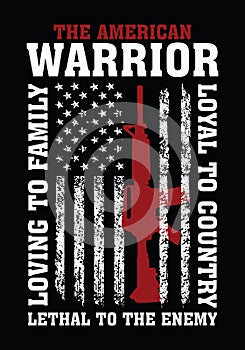 American warrior t-shirt design with USA flag and gun vector.