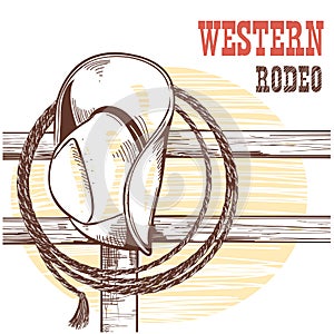 American West cowboy hat and lasso on wood fence.Rodeo illustration