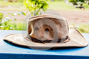 American West rodeo cowboy felt hat and authentic leather western riding boots with vintage ranching gear