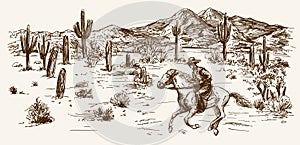 American wild west desert with cowboy